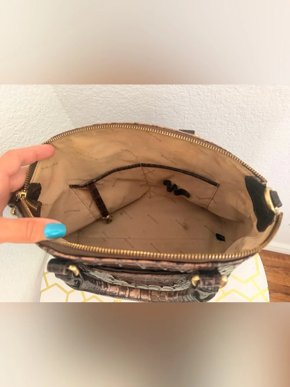 Brahmin Brown Duxbury Croc-Embossed Satchel with Gold Hardware